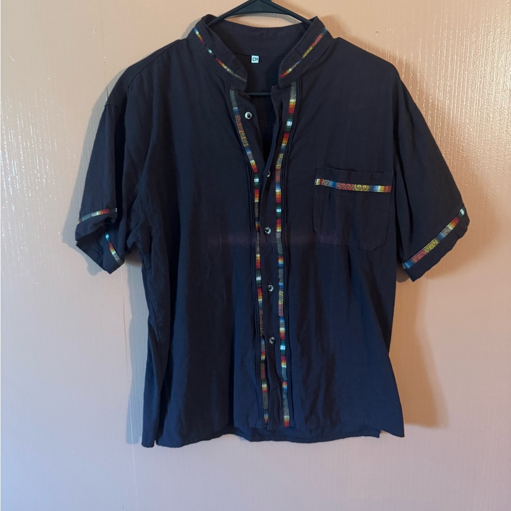 Men’s Brown Mexican Short Sleeve Shirt with Multicolor Woven Trim Size M